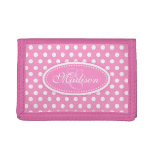 Polka dot patterned pink add your name trifold wallet