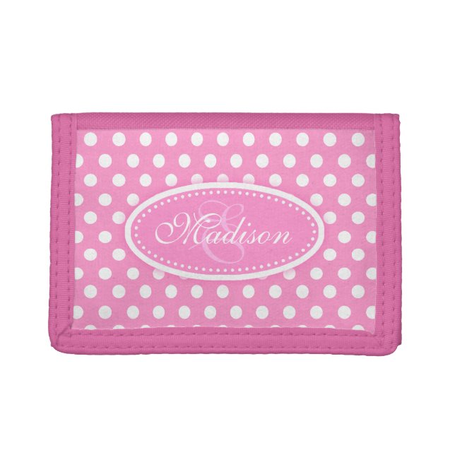 Polka dot patterned pink add your name trifold wallet (Front)