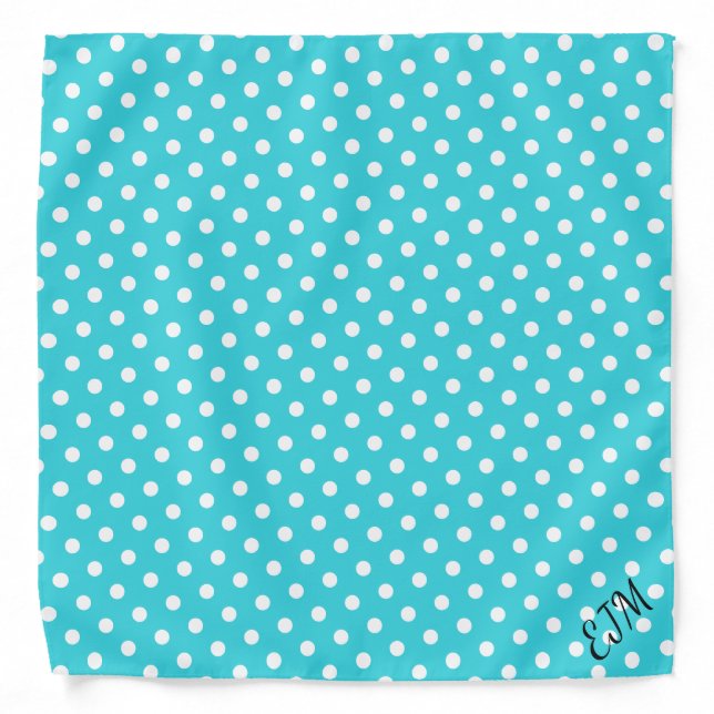 Polka Dot Patterned Retro Cool Monogram Turquoise Bandana (Front)