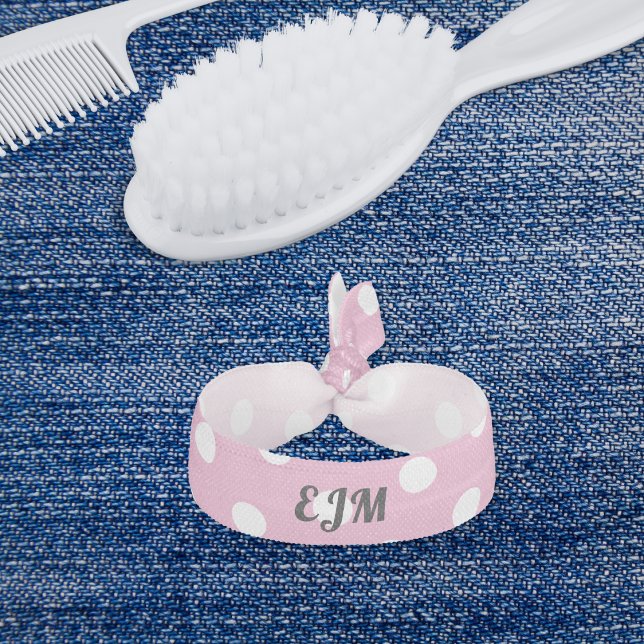 Polka Dot Patterned Retro Cool Monogram Turquoise Elastic Hair Tie (A pastel pink hair tie with white polka dot pattern and monogram initials)