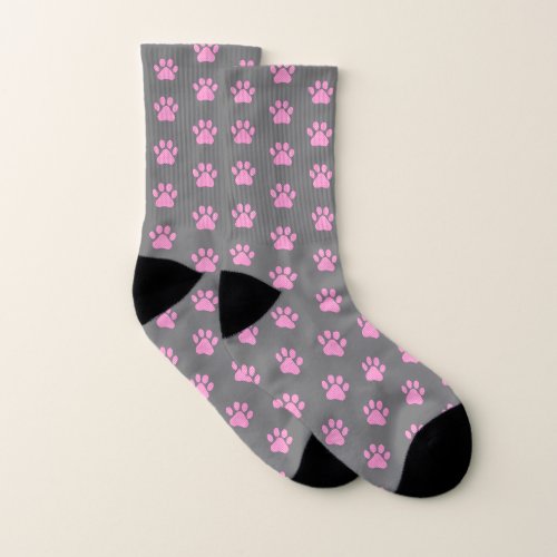 Polka Dot Paw Prints On Gray Socks