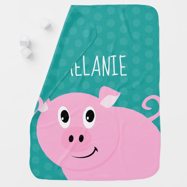 Polka Dot Pig Personalized Baby Animal Bib Green Blanket (In Situ)