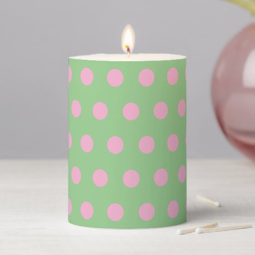 Polka Dot Pillar Candle Sage Green  Pastel Pink