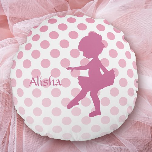 Polka Dot Pink Ballerina Personalized Round Pillow