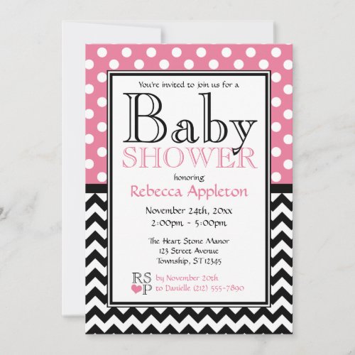 Polka Dot Pink  Chevron Baby Shower Invitation