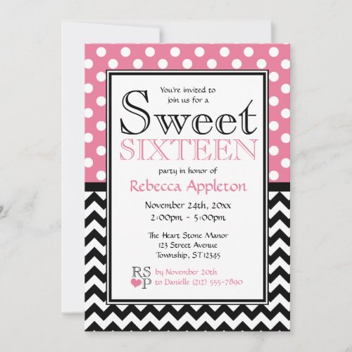 Polka Dot Pink  Chevron Sweet Sixteen Invitations