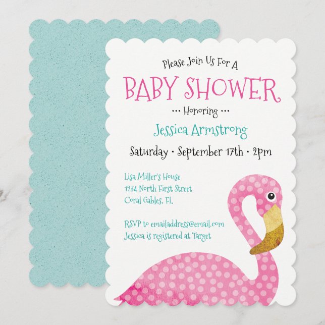 Polka Dot Pink Flamingo Baby Shower Invitation (Front/Back)