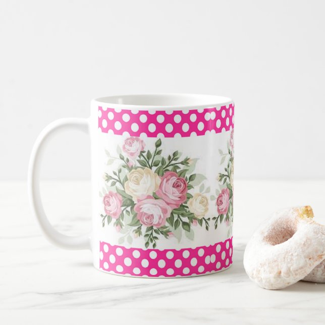 Polka dot Pink Floral Mug (With Donut)