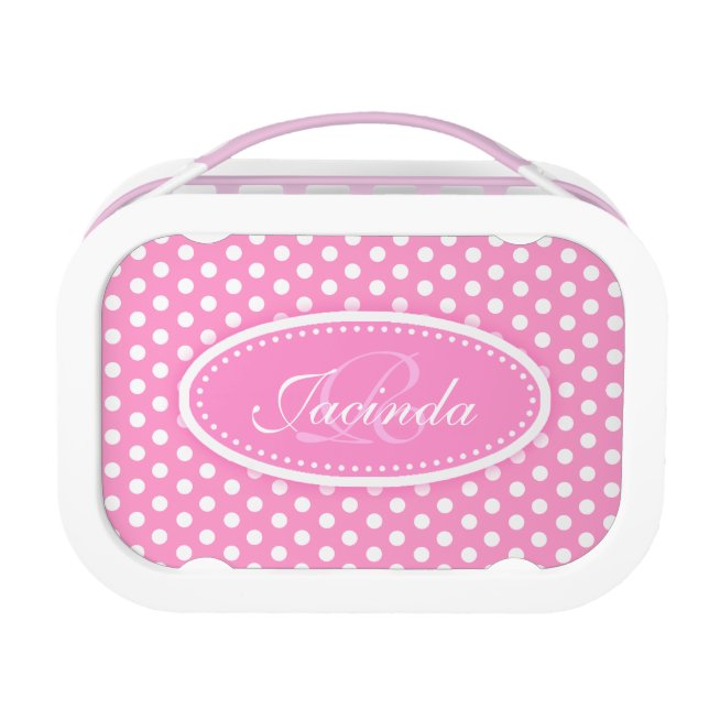 Polka dot pink girls name & monogram lunch box (Back)