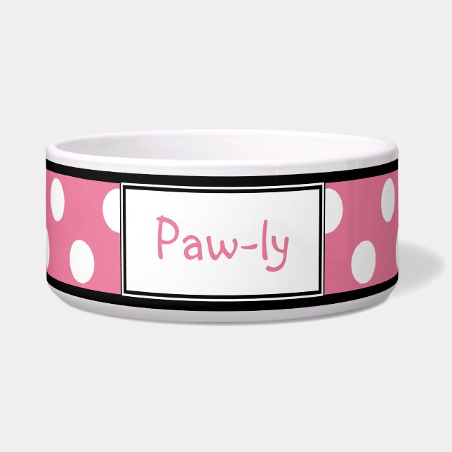 Polka Dot Pink Personalized Dog Bowl (Front)