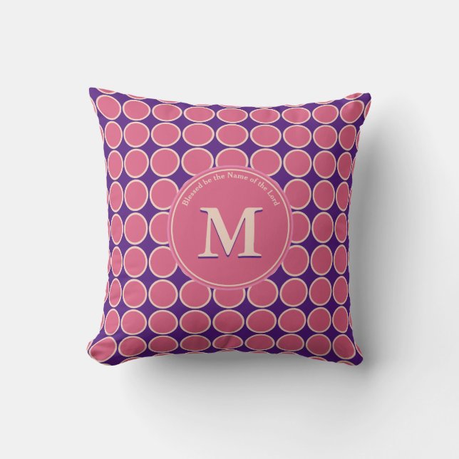 POLKA DOT Pink Purple Custom Monogram Scripture Throw Pillow (Front)
