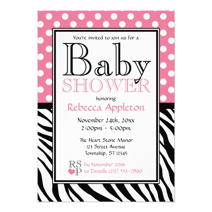 Polka Dot Pink & Zebra Print Baby Shower Invites