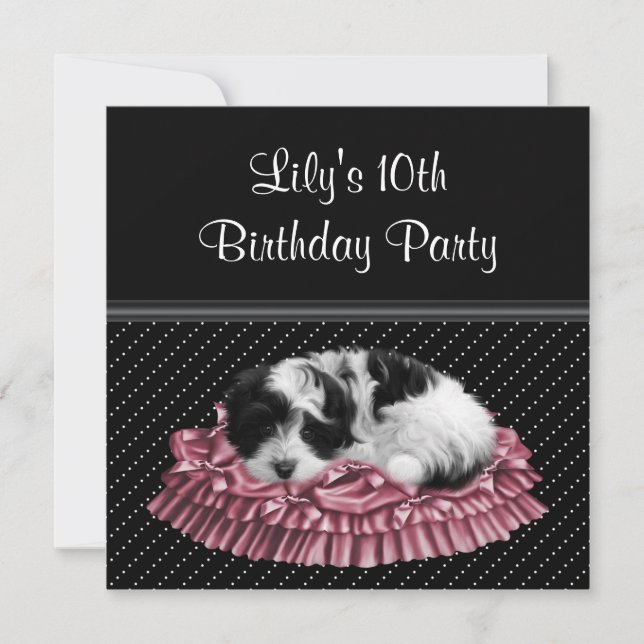 Polka Dot Puppy Girl's 10th Birthday Party Invitation (Front)
