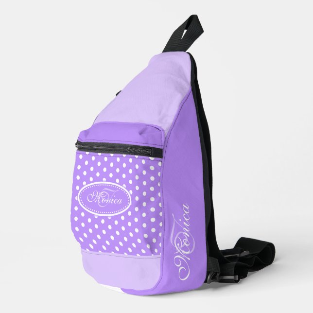 Polka dot purple and white personalized  sling bag (Right Corner)