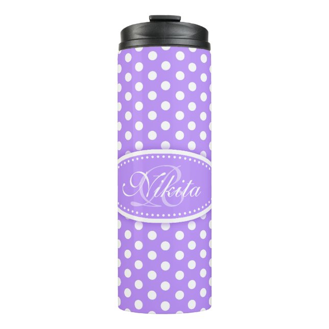 Polka dot purple and white personalized thermal tumbler (Front)