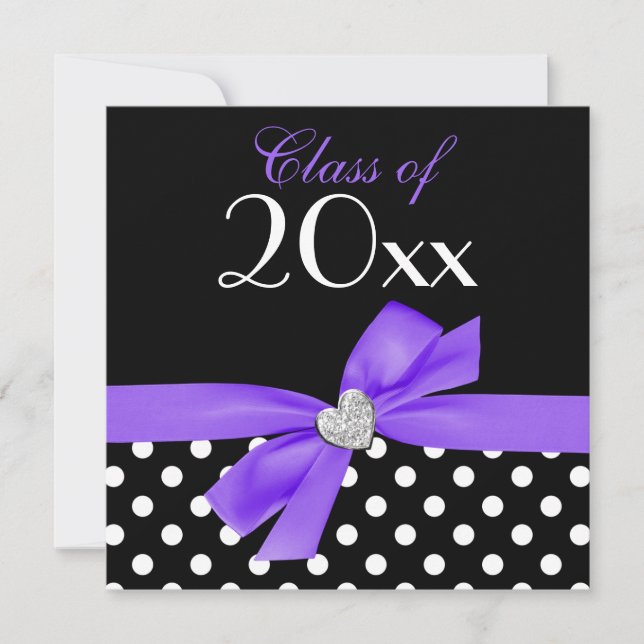 Polka Dot Purple Black Bow Heart Graduation Party Invitation (Front)
