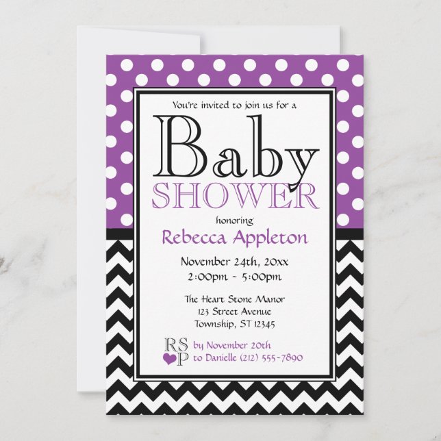 Polka Dot Purple & Chevron Baby Shower Invitation (Front)