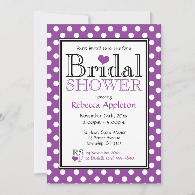 Polka Dot Purple Heart Bridal Shower Invitations (Front)