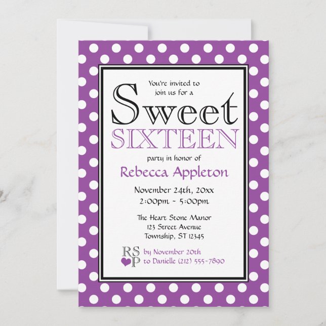 Polka Dot Purple & White Sweet Sixteen Invitations (Front)