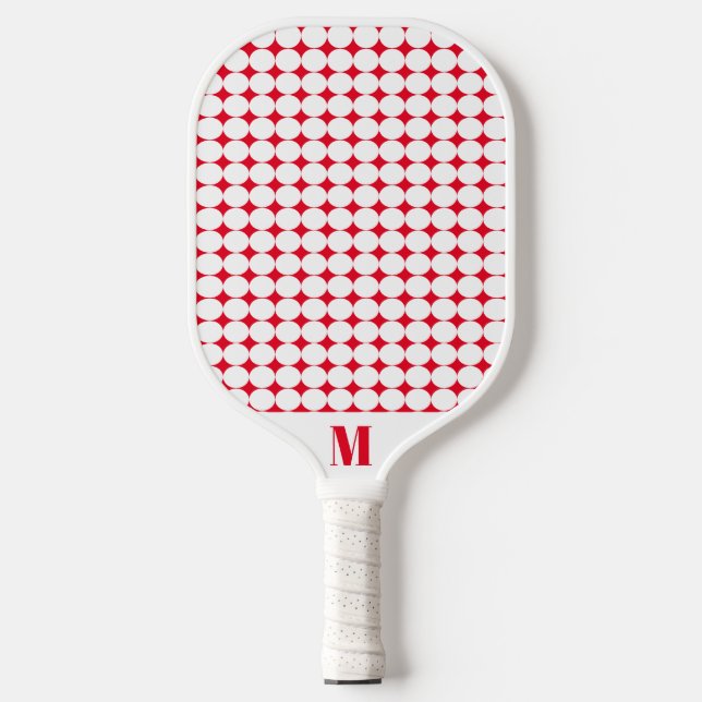 Polka Dot Red and White Modern Monogram  Pickleball Paddle (Front)