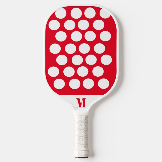 Polka Dot Red and White Modern Monogram  Pickleball Paddle (Front)