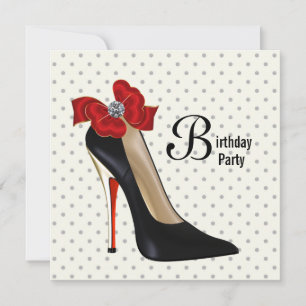 Polka Dot Red Black High Heel Shoe Birthday Party Invitation