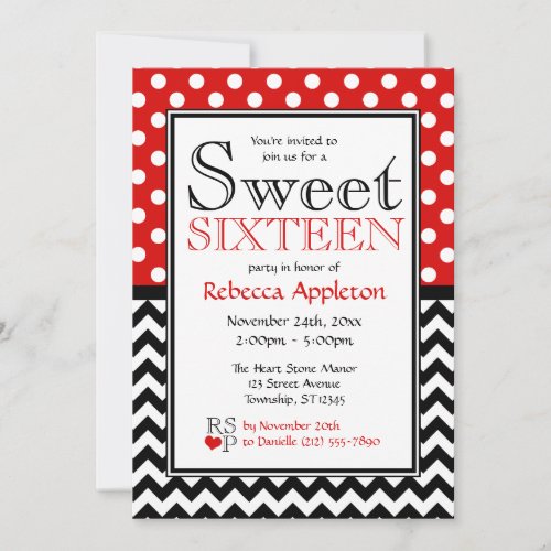 Polka Dot Red &amp; Chevron Sweet Sixteen Invitations