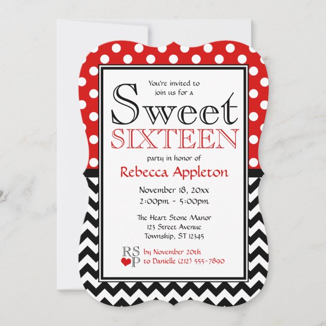 Polka Dot Red & Chevron Sweet Sixteen Invitations (Front)