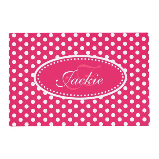 Polka dot red pink girls name & monogram  placemat (Front)