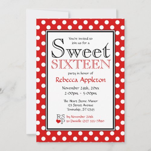 Polka Dot Red &amp; White Sweet Sixteen Invitations