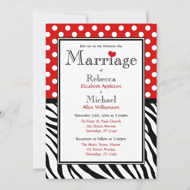 Polka Dot Red & Zebra Print Wedding Invitations (Front)