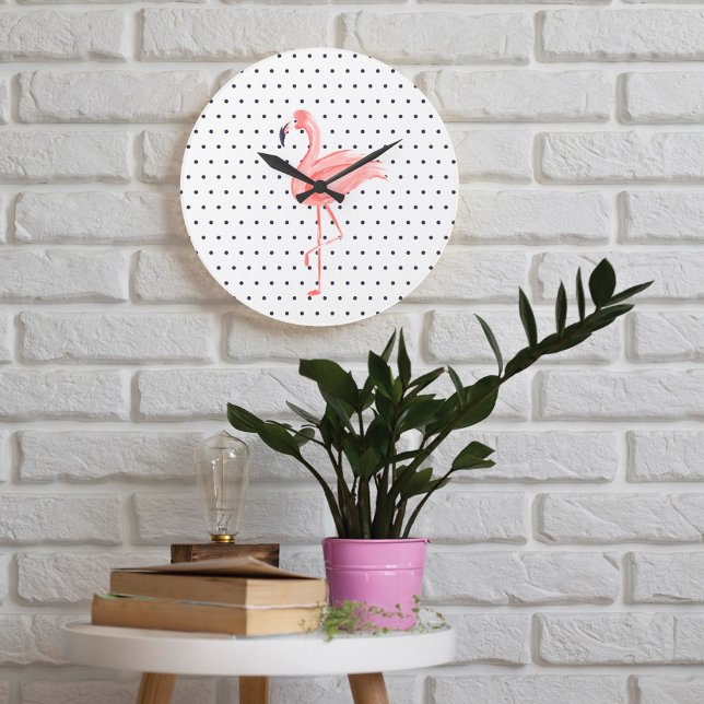 Polka Dot Reto Pink Watercolor flamingo Large Clock (Polka Dot Reto Pink Watercolor flamingo Large Clock)