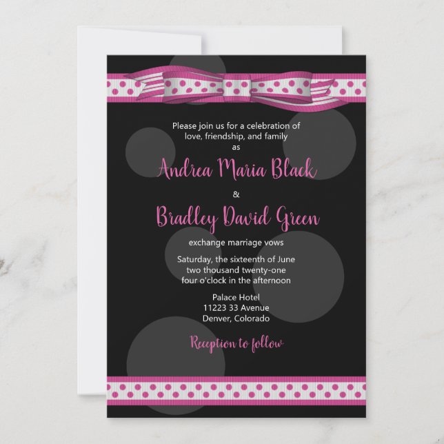 Polka Dot Ribbon Pink Black Wedding Invitation (Front)