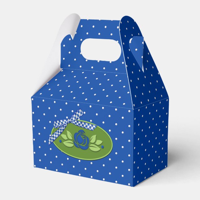 Polka Dot Roses Blue-Gable Party Favor Box (Front Side)