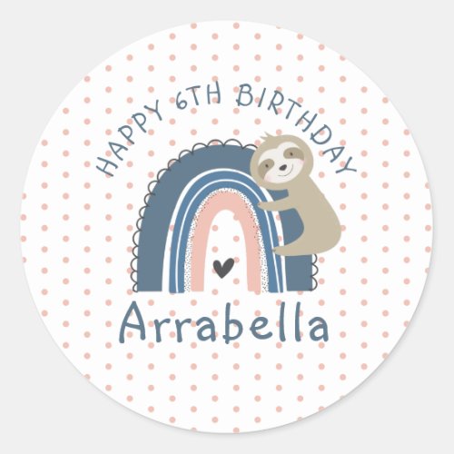 Polka Dot Sloth Rainbow Photo Girls 6th Birthday Classic Round Sticker