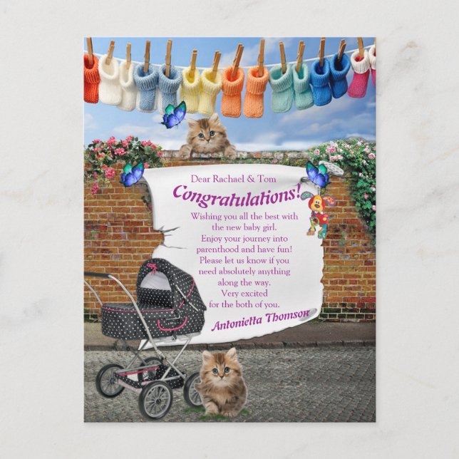 Polka-Dot Street Scene & Kittens Postcard (Front)