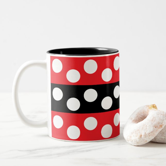 Polka Dot Stripes Pattern Two-Tone Coffee Mug (With Donut)