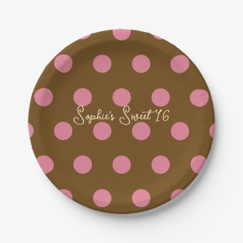 Polka Dot Sweet 16 Party - Pink & Brown Dot Paper Plates