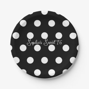 Polka Dot Sweet 16 Party White & Black Dot Paper Plates
