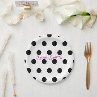 Polka Dot Sweet 16 Party White & Black Dot Paper Plates