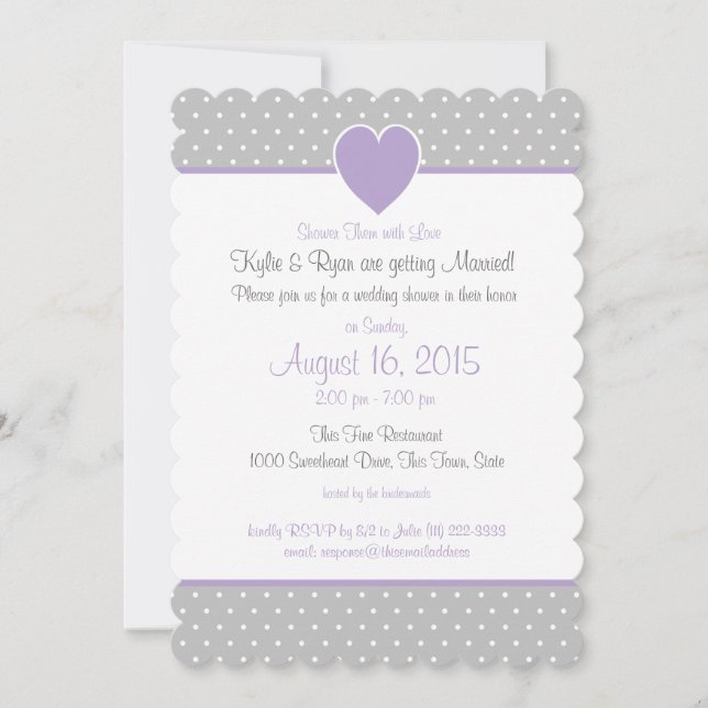Polka dot Sweet Heart Grey and Purple Invitation (Front)