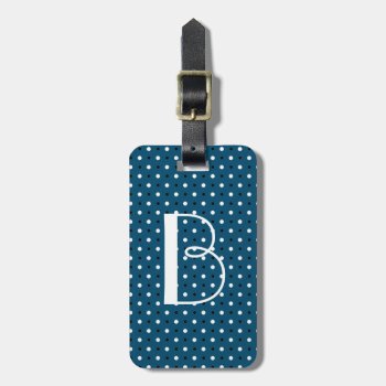 Polka Dot Tag W/ Initial  B&w Polka Dots On Blue by PicturesByDesign at Zazzle