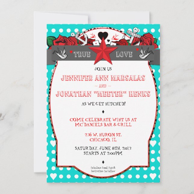 Polka Dot Tattoo Rockabilly Wedding Invitation (Front)