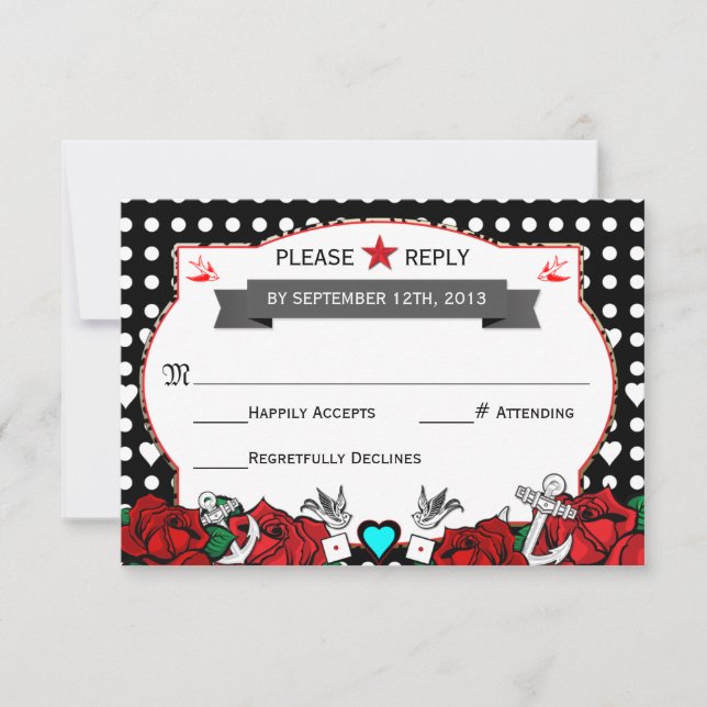 Polka Dot Tattoo Rockabilly Wedding Rsvp Card (Front)