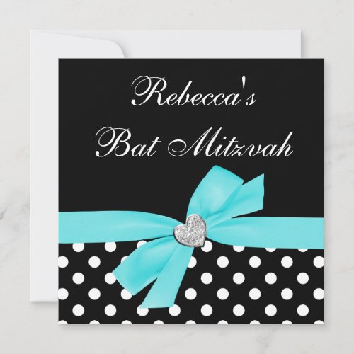 Polka Dot Teal Blue Black Bow Heart Bat Mitzvah Announcement