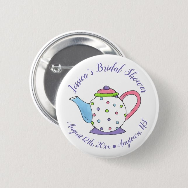 Polka Dot Teapot Afternoon Tea Bridal Baby Shower Button (Front & Back)