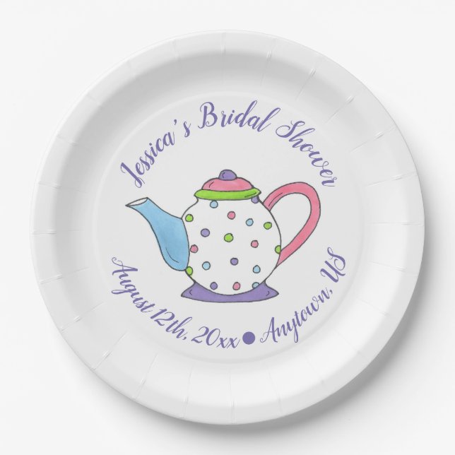 Polka Dot Teapot Afternoon Tea Bridal Baby Shower Paper Plates (Front)
