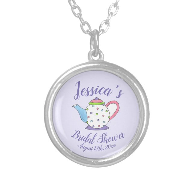 Polka Dot Teapot Afternoon Tea Bridal Baby Shower Silver Plated Necklace (Front)
