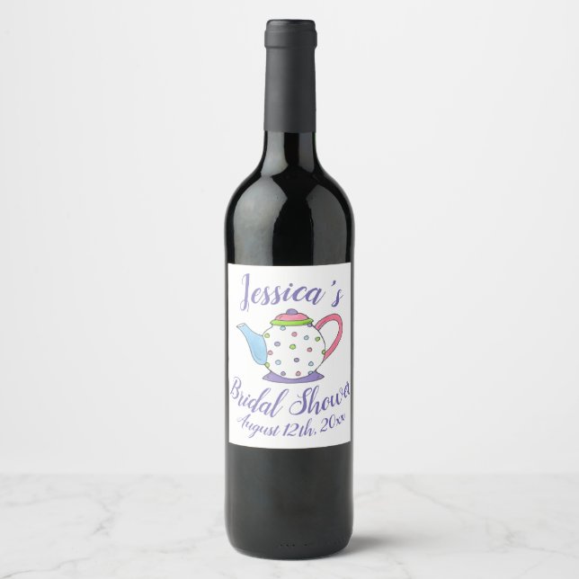 Polka Dot Teapot Afternoon Tea Bridal Baby Shower Wine Label (Front)