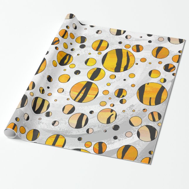 Polka Dot Tiger Black and Orange Print Wrapping Paper (Unrolled)